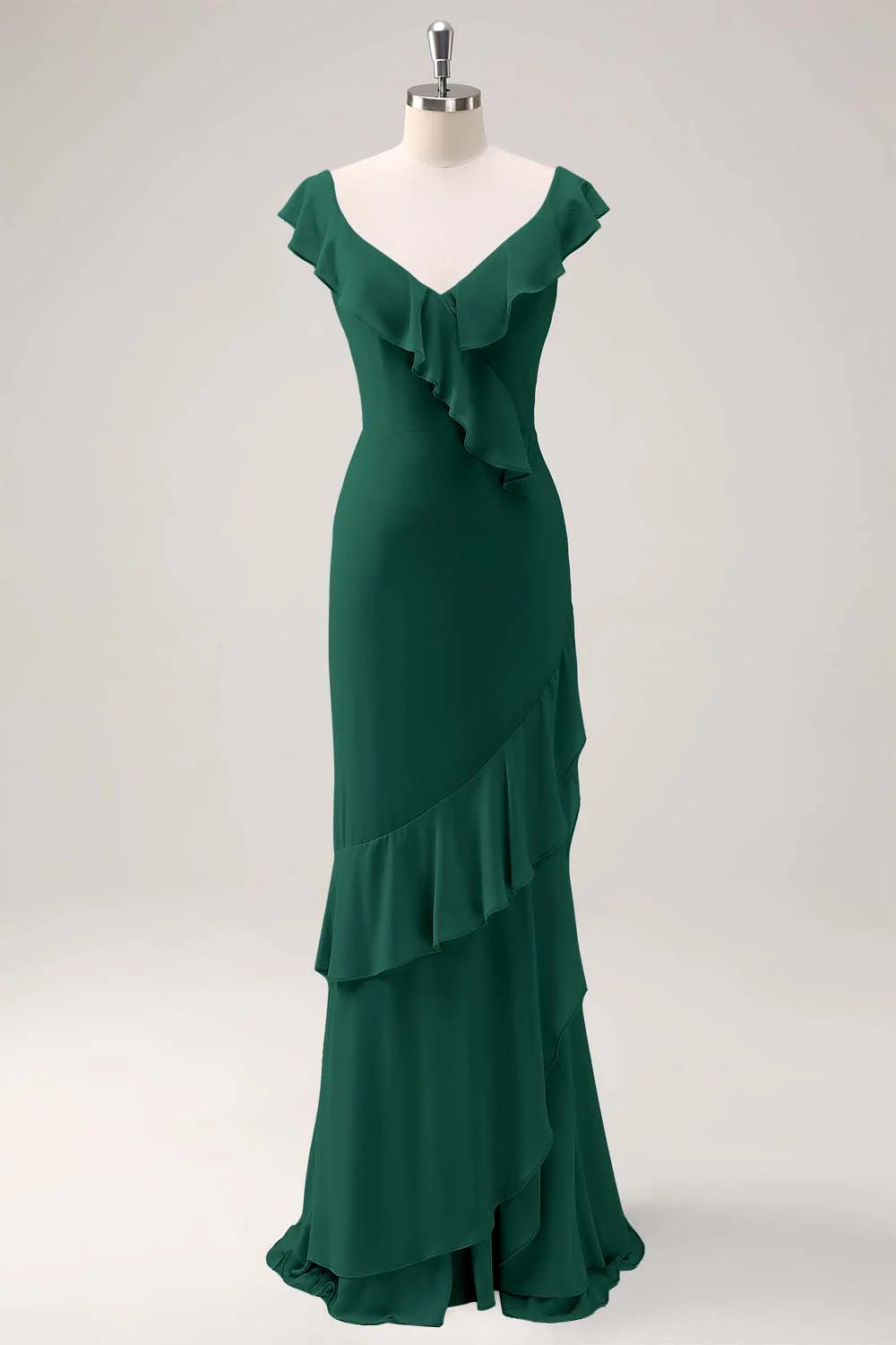Dusty Sage Sheath V Neck Open Back Chiffon Long Bridesmaid Dress with Ruffles