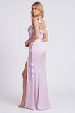 Lilac Mermaid Ruffle Square Neck Bridesmaid Dress with Slit
