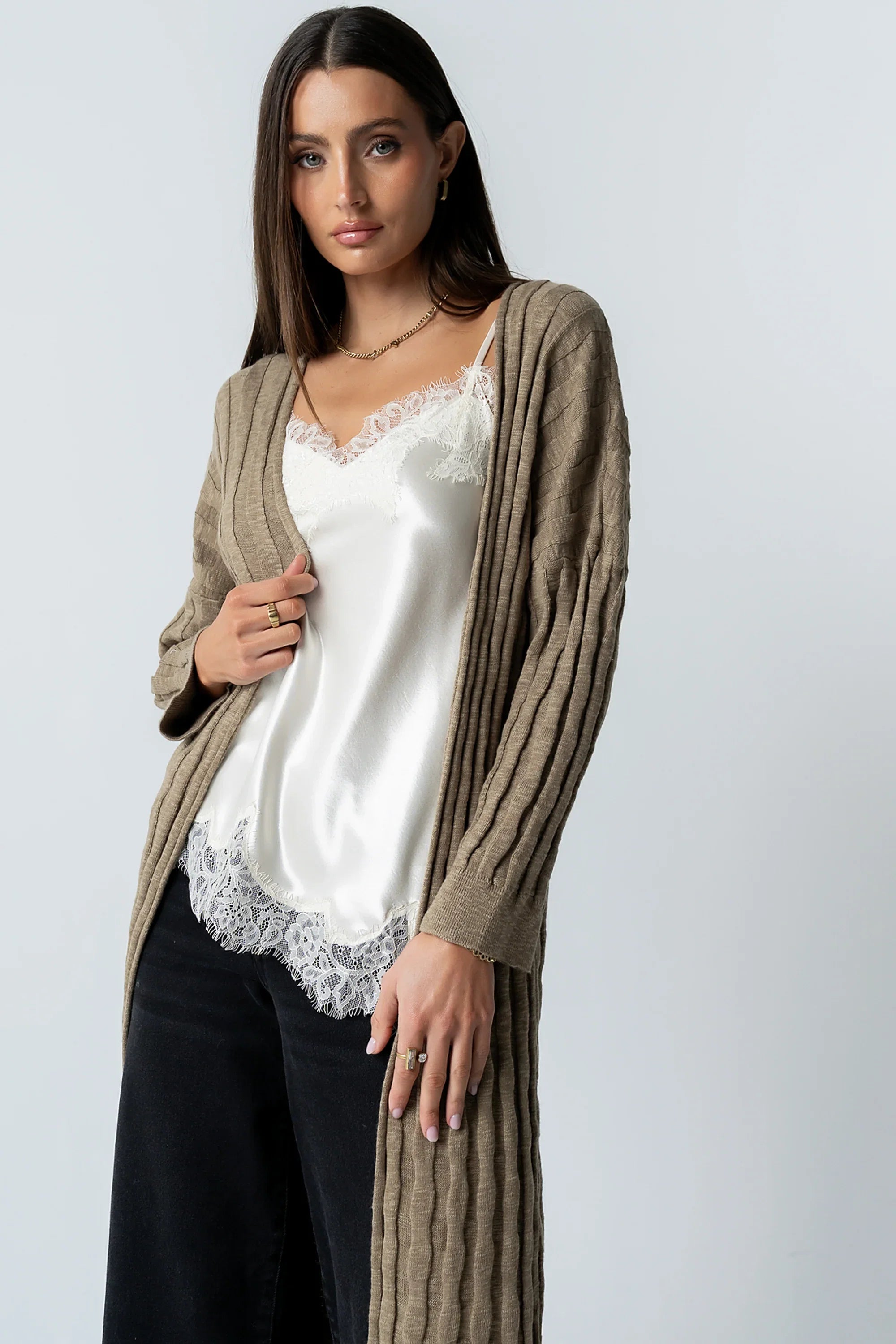 Eve Ribbed Duster in Taupe