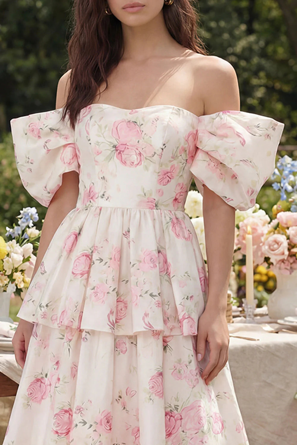 Off the Shoulder A Line Tiered White Floral Wedding Guest Dress