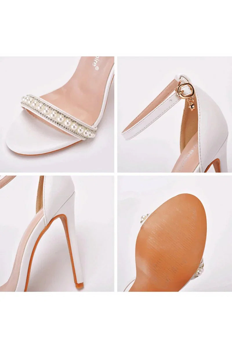 Pearl Embellished White Ankle Strap Stiletto Heels