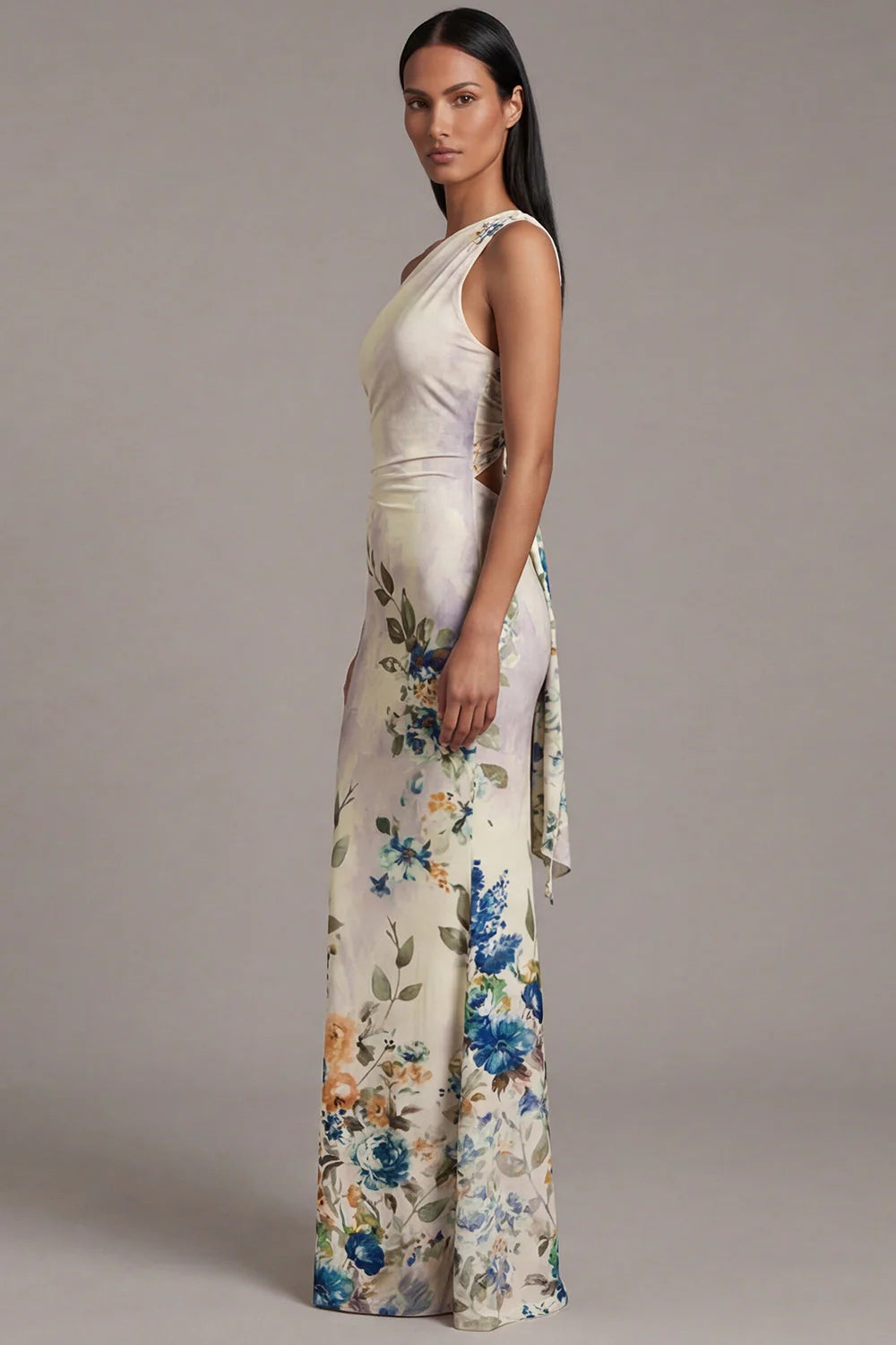 One Shoulder Cut Out Printed Ivory Maxi Formal Dress