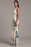 One Shoulder Cut Out Printed Ivory Maxi Formal Dress