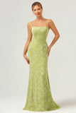 Green Mermaid Floral Jacquard Long Bridesmaid Dress with Lace Up Back