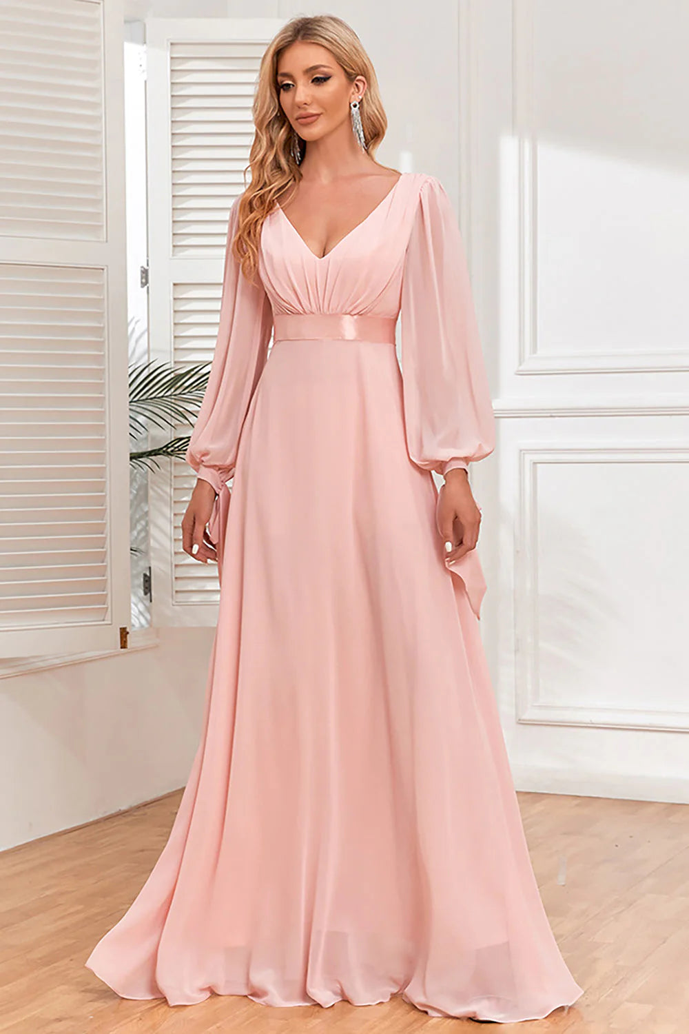 Blush A Line Chiffon V Neck Evening Dress with Long Sleeves
