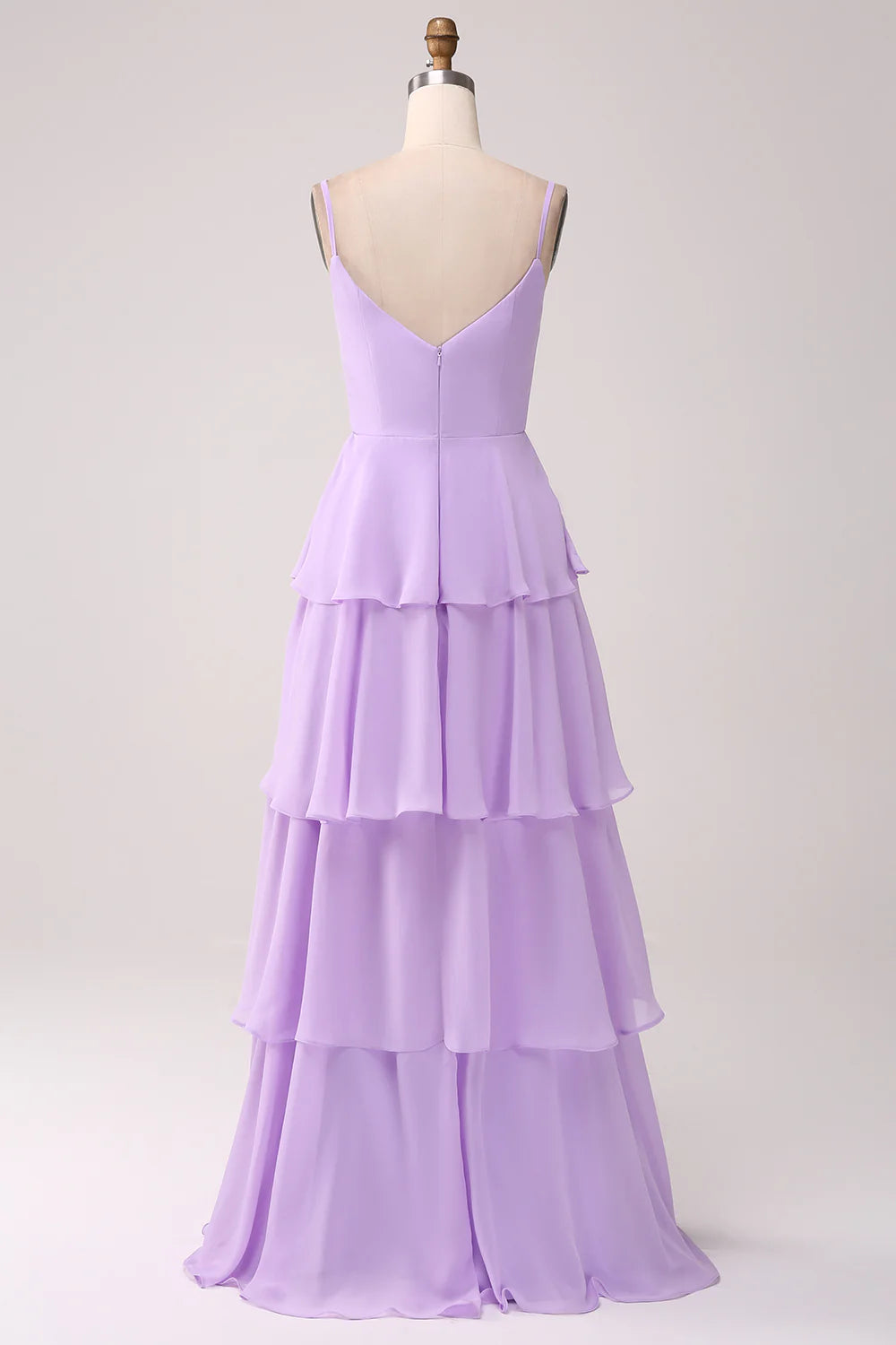 Lilac A Line Spaghetti Straps Tiered Floor Length Bridesmaid Dress With Slit