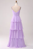 Lilac A Line Spaghetti Straps Tiered Floor Length Bridesmaid Dress With Slit