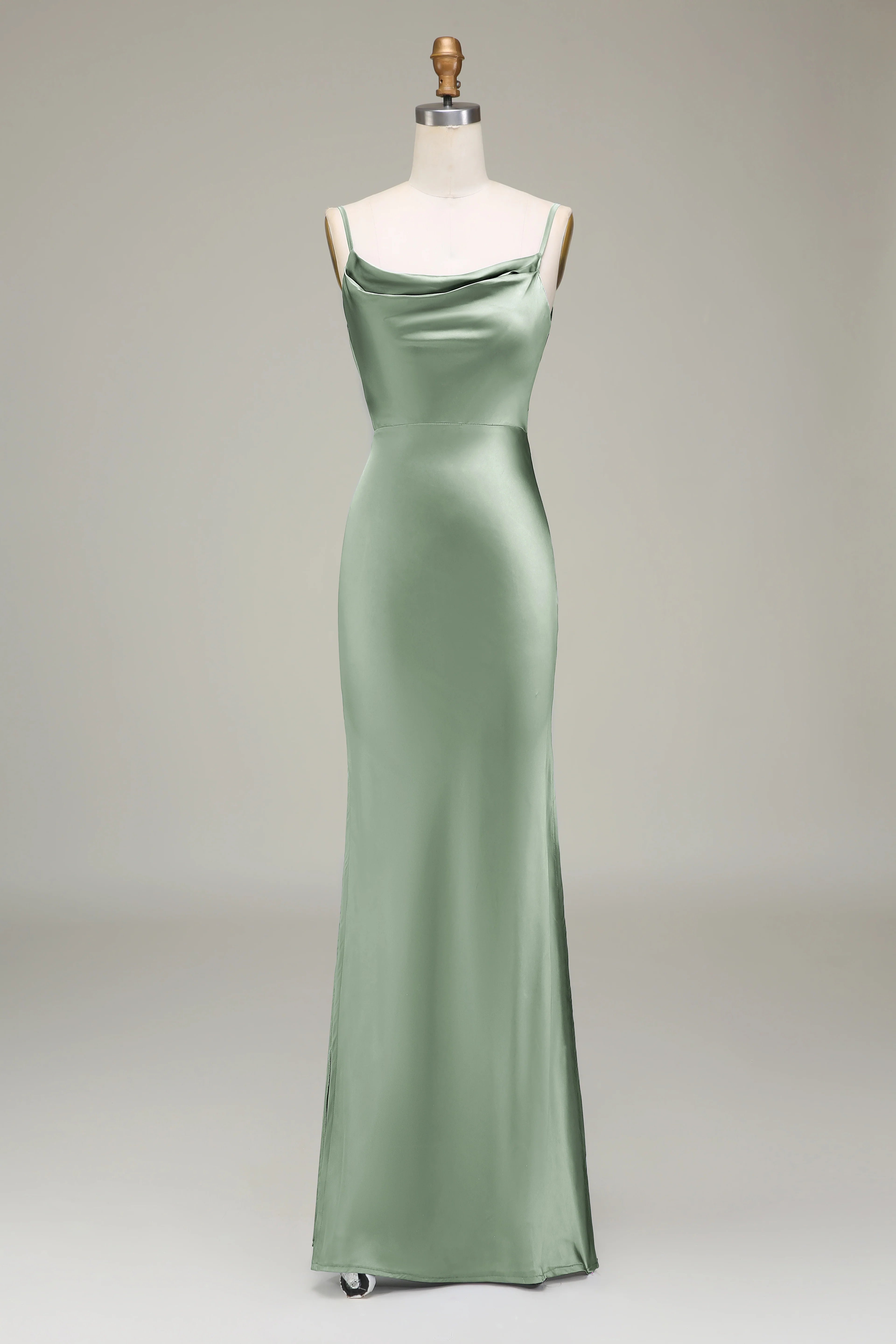Sheath Spaghetti Straps Long Satin Bridesmaid Dress