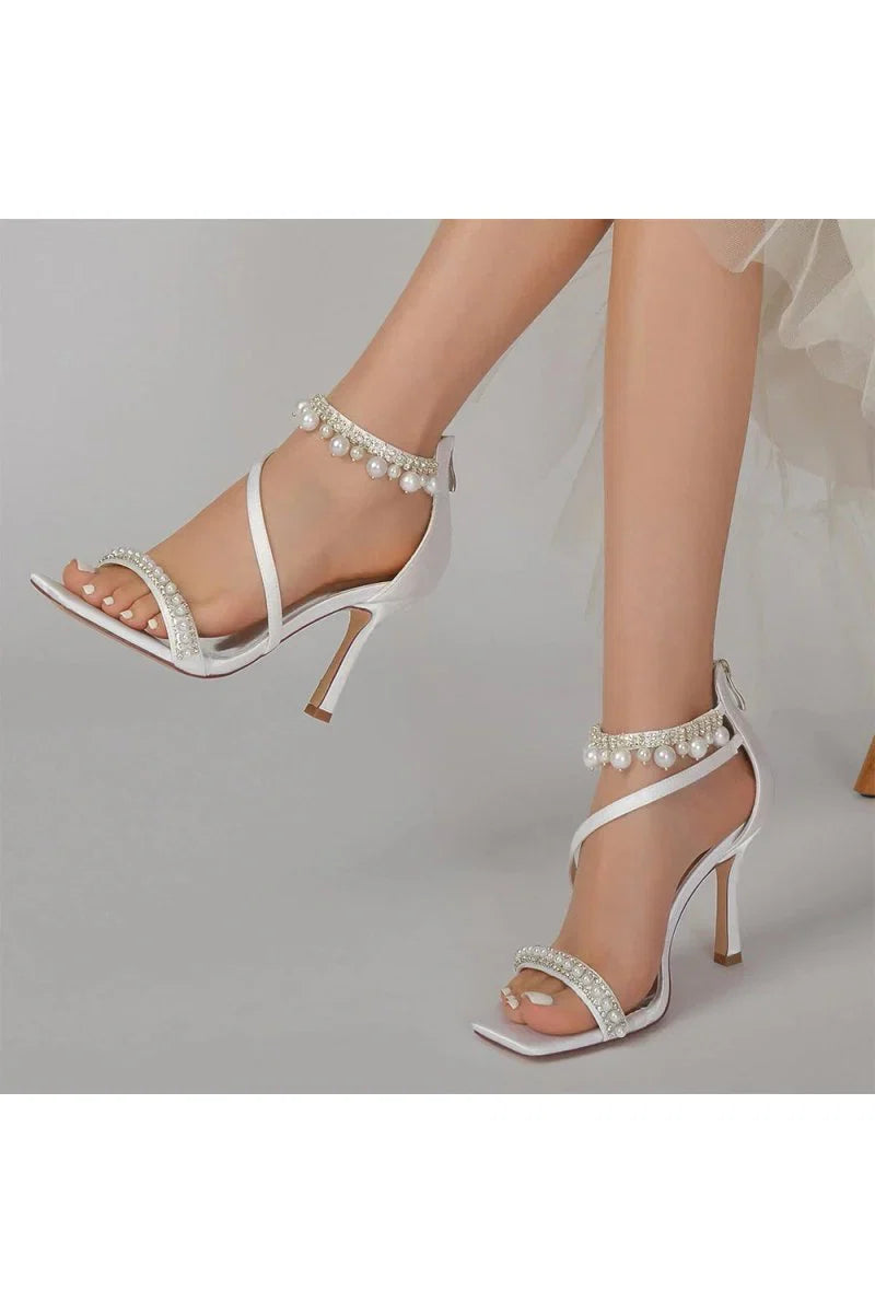 Square Open Toe Pearl Satin Stiletto Heels
