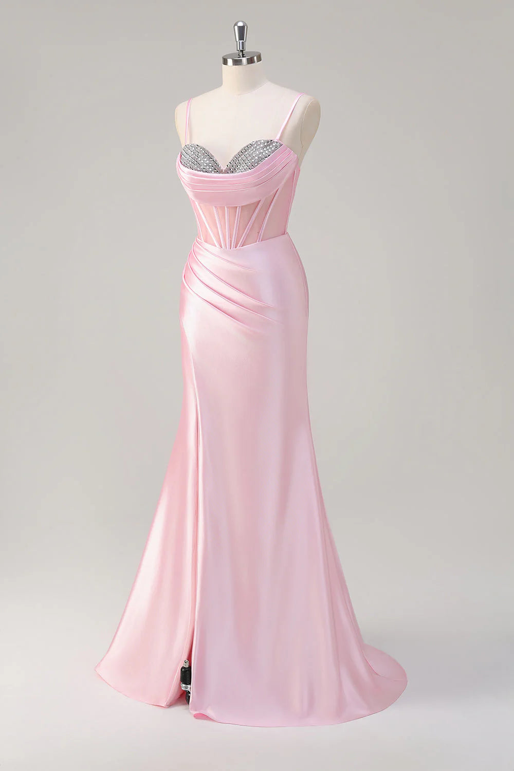 Pink Mermaid Spaghetti Straps Ruched Corset Beaded Long Prom Dress with Slit