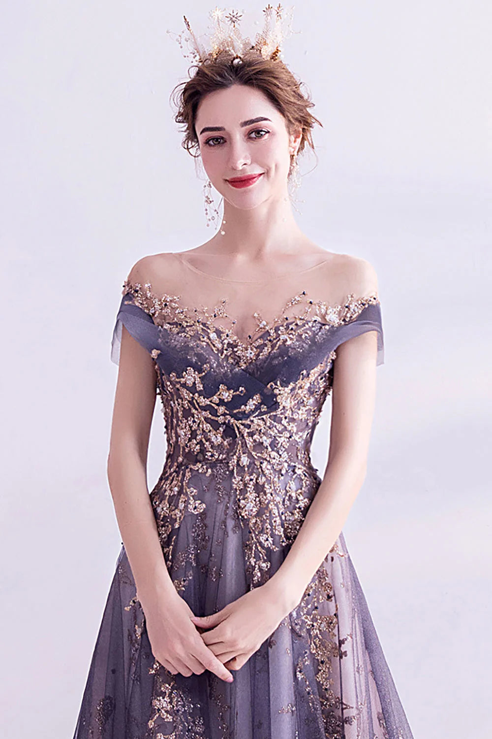 Sparkly Purple A Line Tulle Long Prom Dress