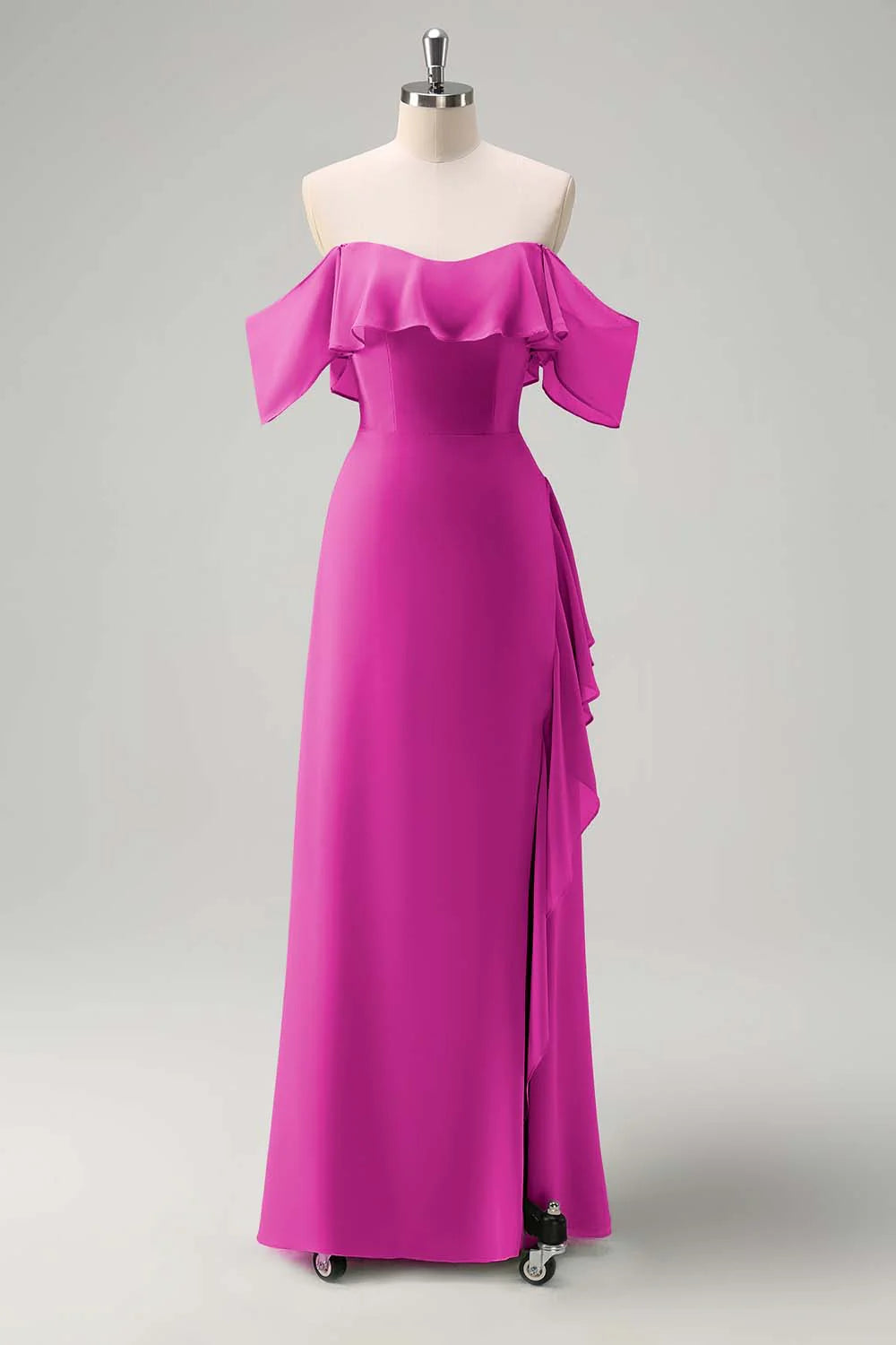 Light Green Sheath Off The Shoulder Chiffon Long Bridesmaid Dress with Ruffle Slit