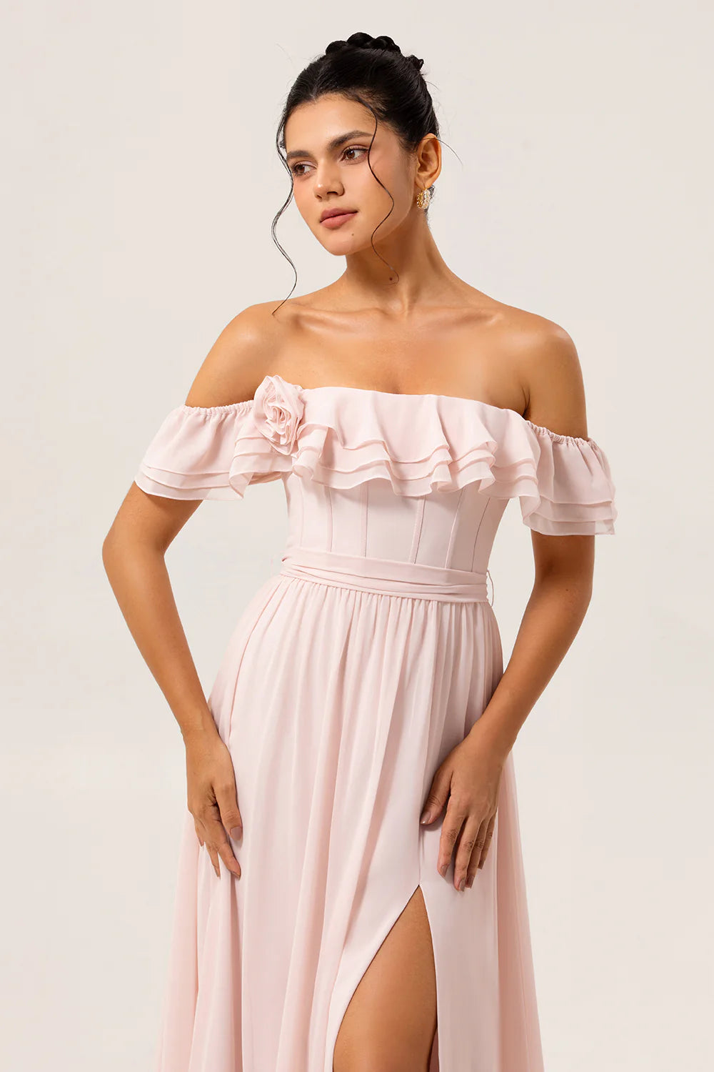 Blush A Line Off the Shoulder Ruffle Corset Chiffon Long Bridesmaid Dress with Rosette