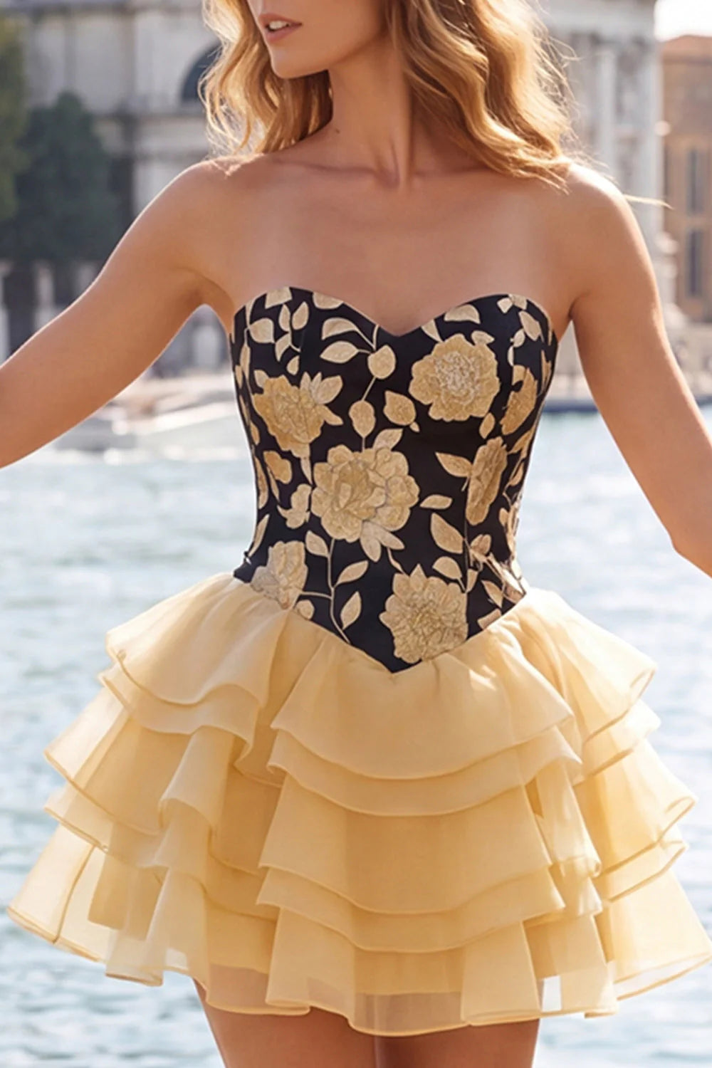Sky Blue Sweetheart Floral Tiered A Line Homecoming Dress with Lace up Back