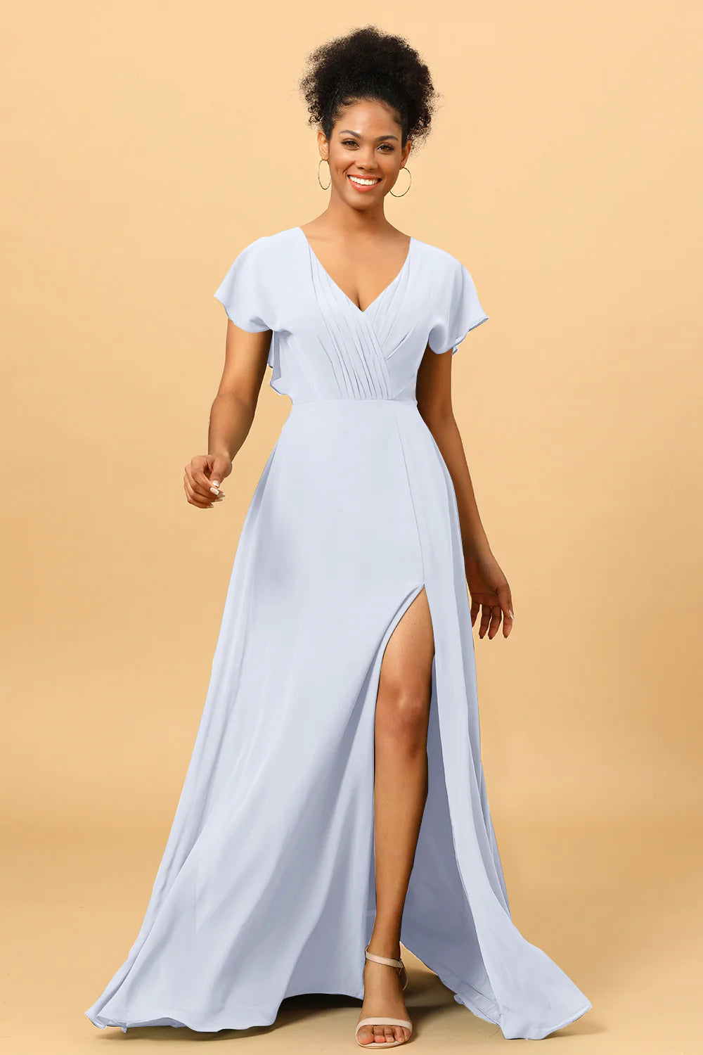 A Line V Neck Ruched Chiffon Bridesmaid Dress with Slit