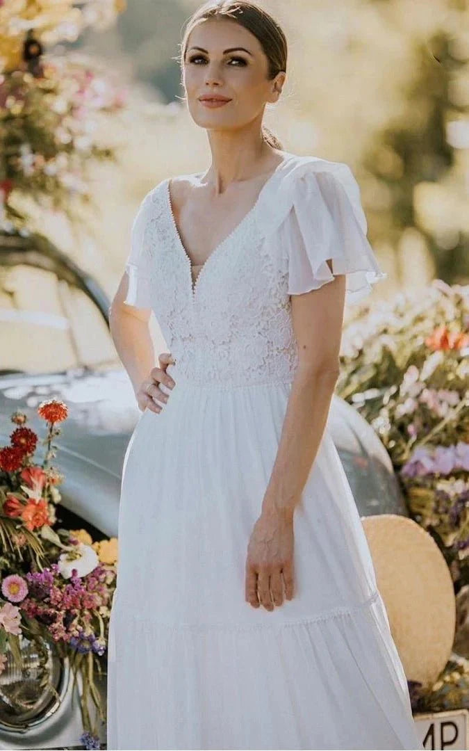 A Line V neck Lace Floor length Short Sleeve Wedding Dress with Ruffles
