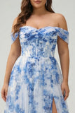 Off the Shoulder White Blue Flower A Line Ruched Corset Plus Size Bridesmaid Dress with Slit