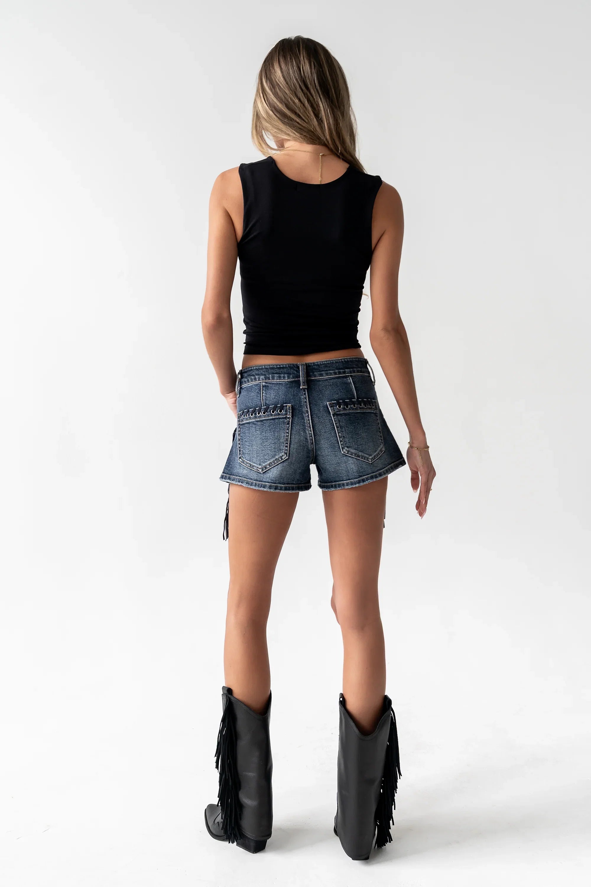 Leia Fringe Micro Shorts in Medium Wash