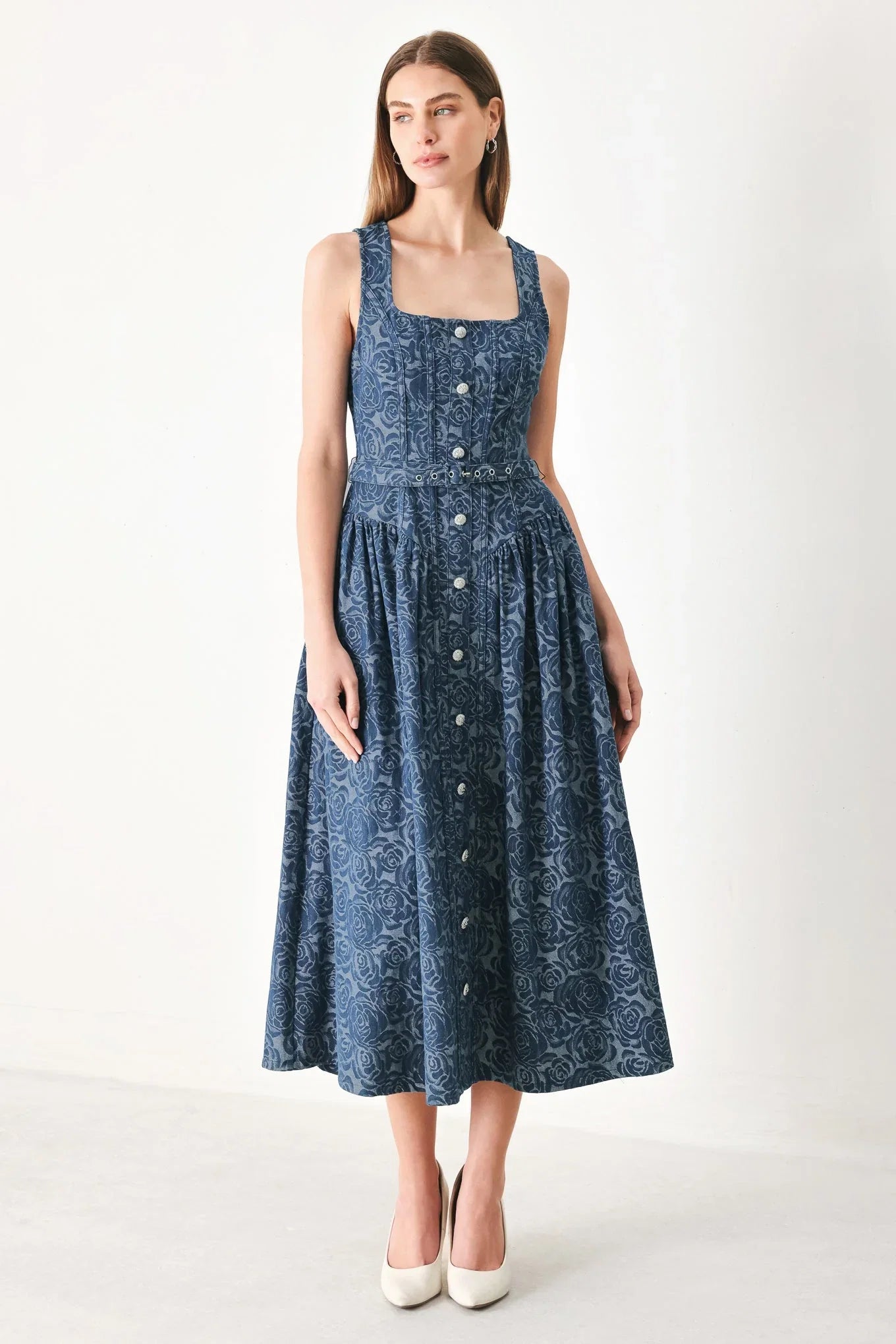 MIDNIGHT GARDEN DENIM MIDI DRESS