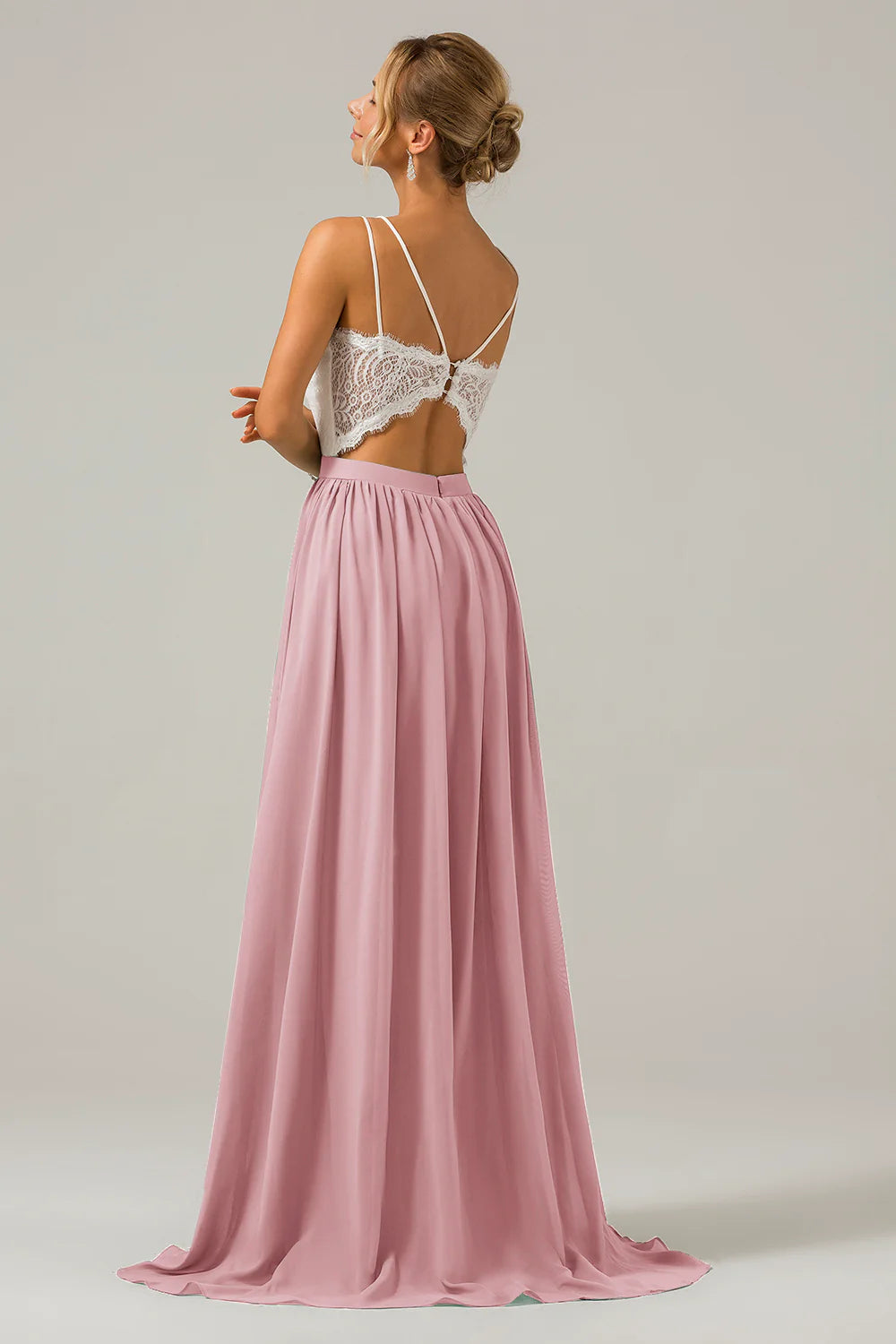 A Line Spaghetti Straps Pleated Long Bridesmaid Dress With Lace