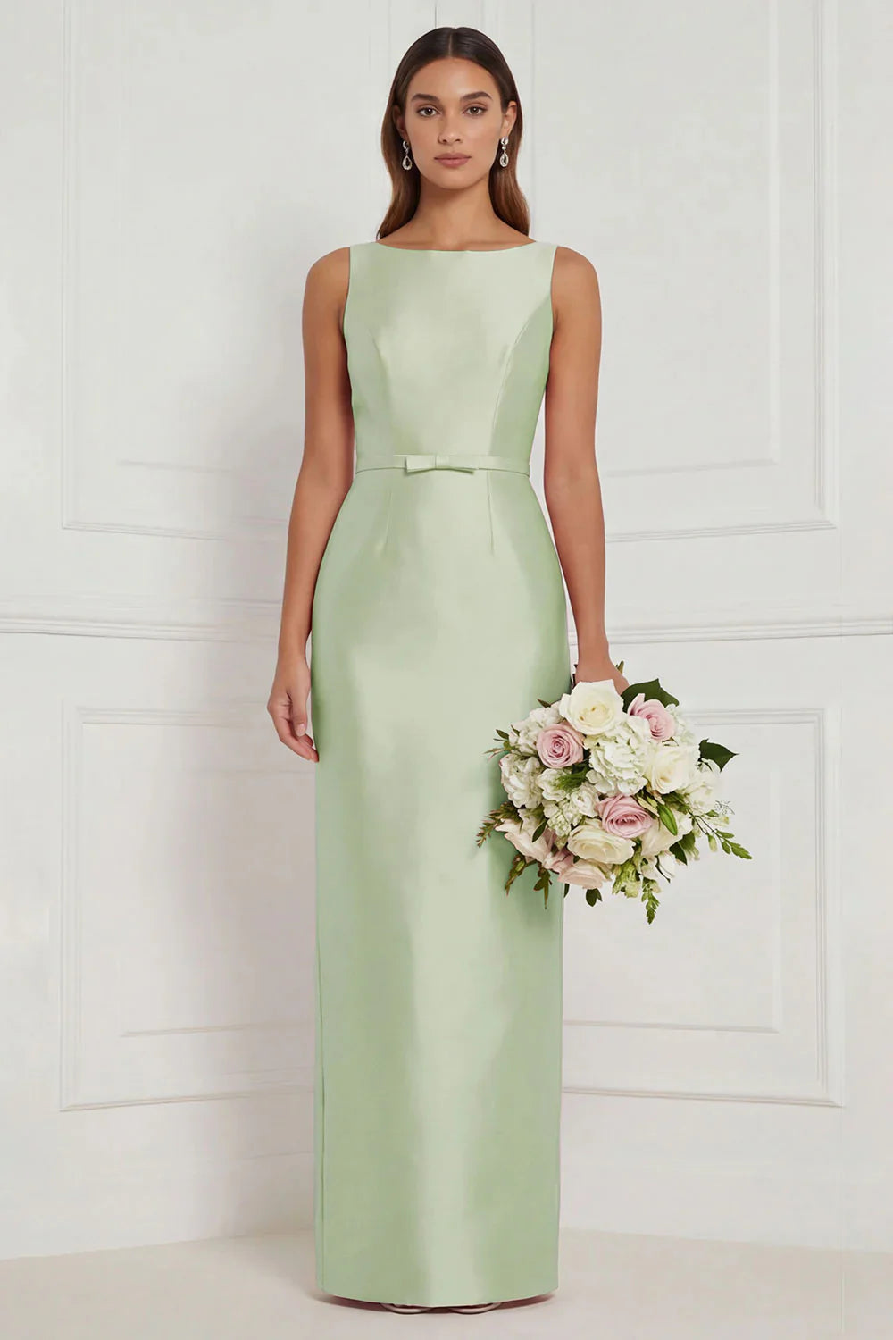 Sage Green Sheath Bateau Neck Satin Bridesmaid Dress