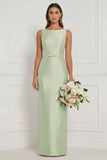 Sage Green Sheath Bateau Neck Satin Bridesmaid Dress
