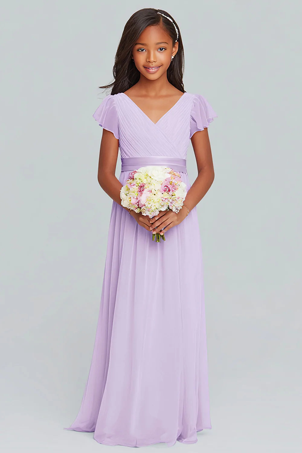 Lilac A Line V Neck Pleated Junior Bridesmaid Dress