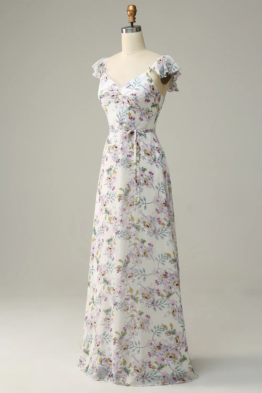 Purple White Flower A Line V Neck Chiffon Bridesmaid Dress