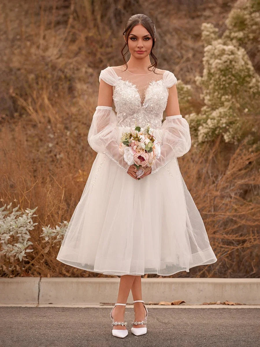 A Line Sweetheart Long Sleeves Elegant Tulle Wedding Dresses With Appliques Lace