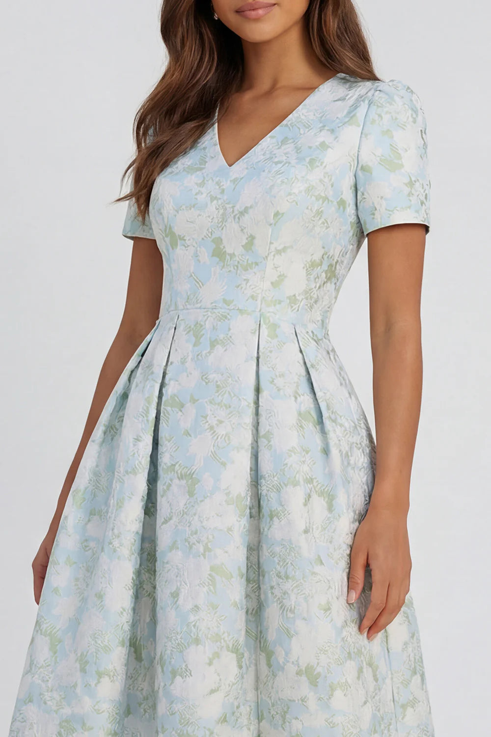 Blue White Floral A Line V Neck Wedding Guest Dress with Short Sleeves