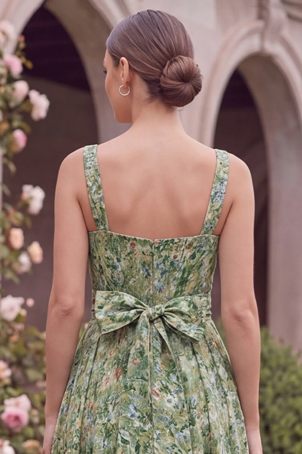 Sage Flower A Line Square Neck Wedding Guest Dress with Bow