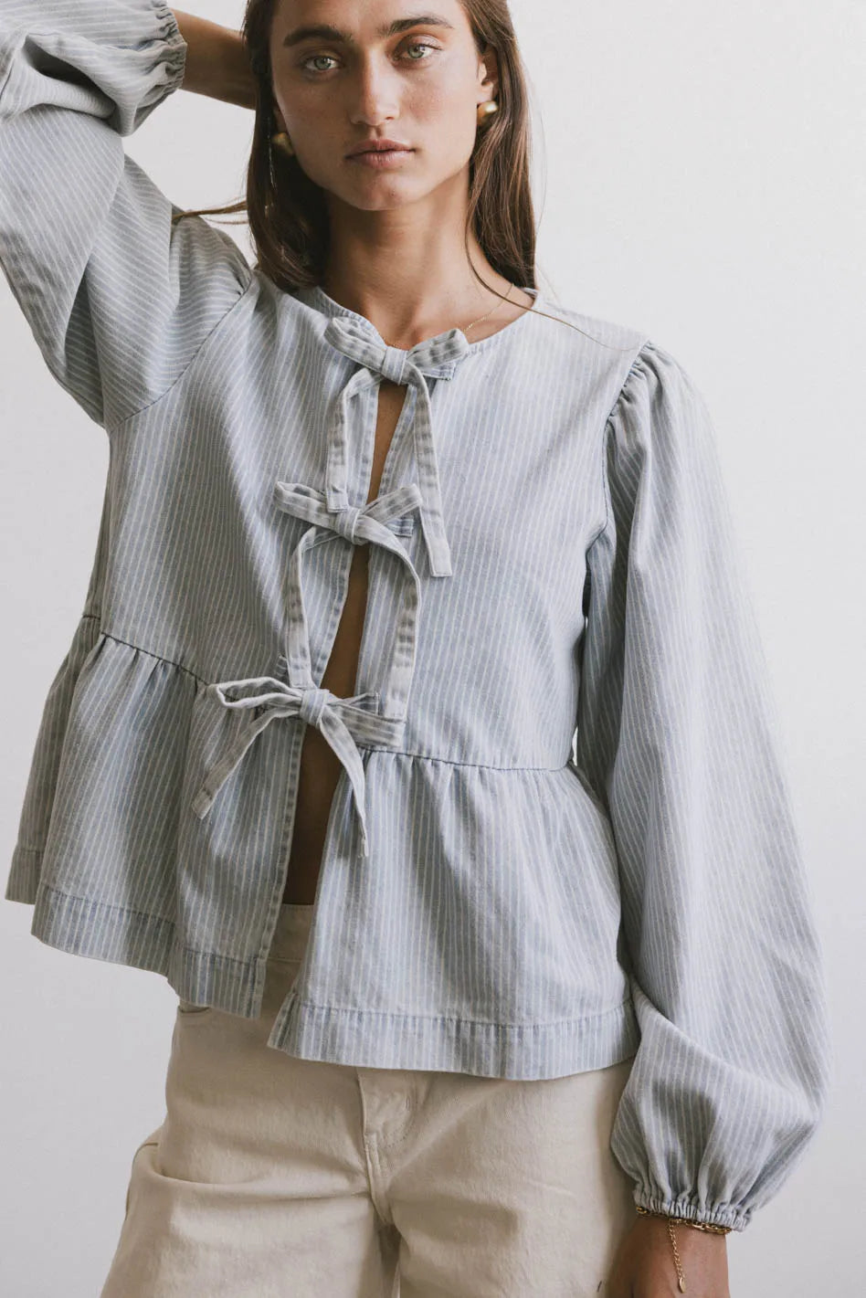 Maggie Peplum Tie Blouse in Light Wash FINAL SALE