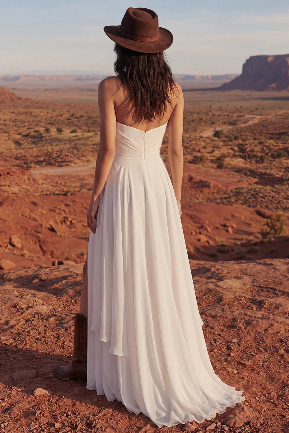 Strapless A Line Ruched Ivory Wedding Dress with Slit