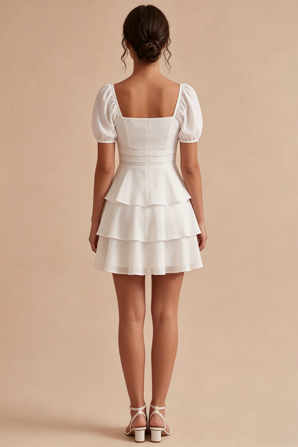White A Line Tiered Ruffle Square Neck Mini Dress with Puff Sleeves