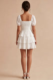 White A Line Tiered Ruffle Square Neck Mini Dress with Puff Sleeves