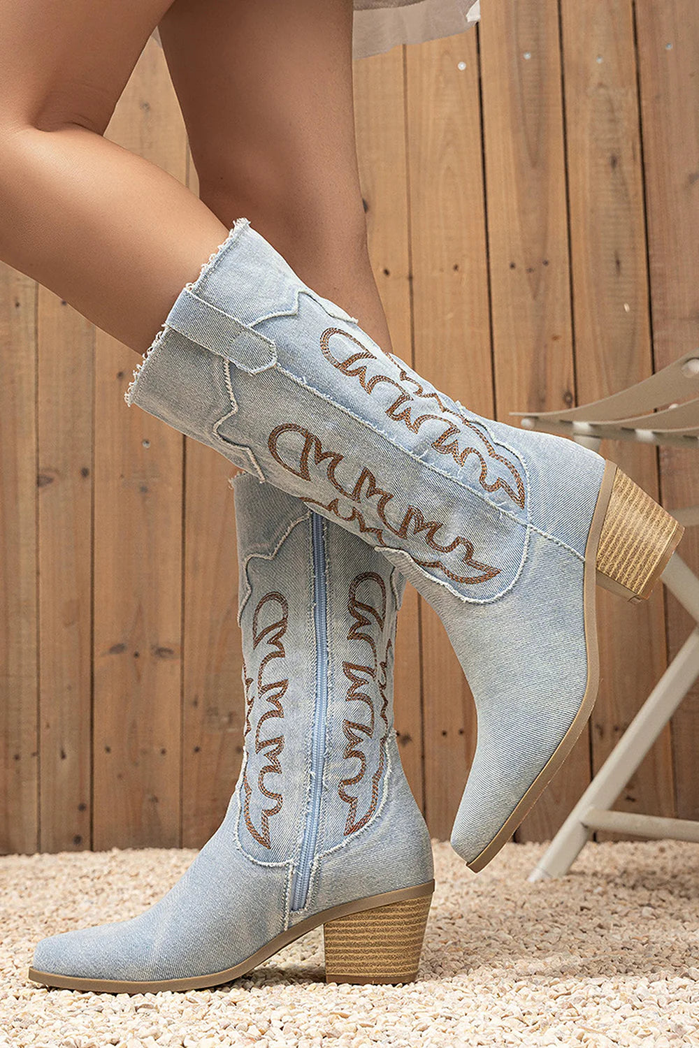 Denim Embroidered Mid Calf Cowboy Boots