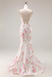 Strapless White Pink Flower Printed Mermaid Long Prom Dress