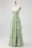 Dusty Sage A Line Corset Tiered Print Floral Long Bridesmaid Dress with Slit