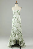 Green Asymmetrical Strapless Print High Low Bridesmaid Dress