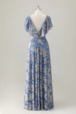 Grey Blue A Line V Neck Burnout Velvet Maxi Bridesmaid Dress with Cape Sleeves