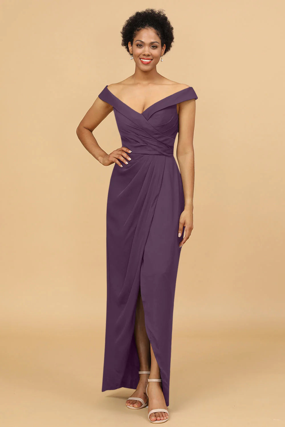 Sheath Column Off The Shoulder Satin Long Bridesmaid Dress