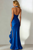 Royal Blue Mermaid Halter Ruffle Formal Dress with Slit