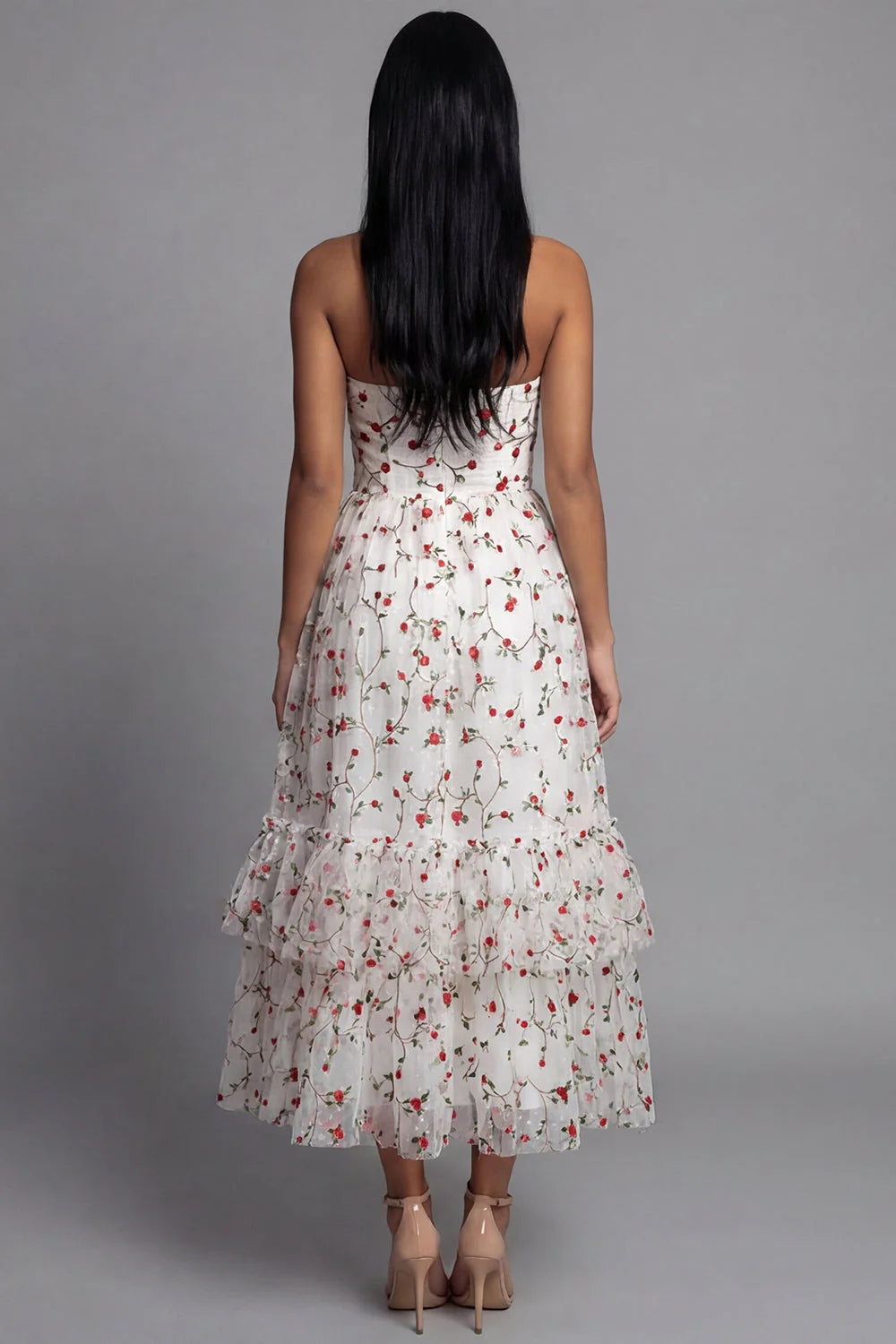 Strapless A Line Floral Ruffled Champagne Wedding Guest Dress