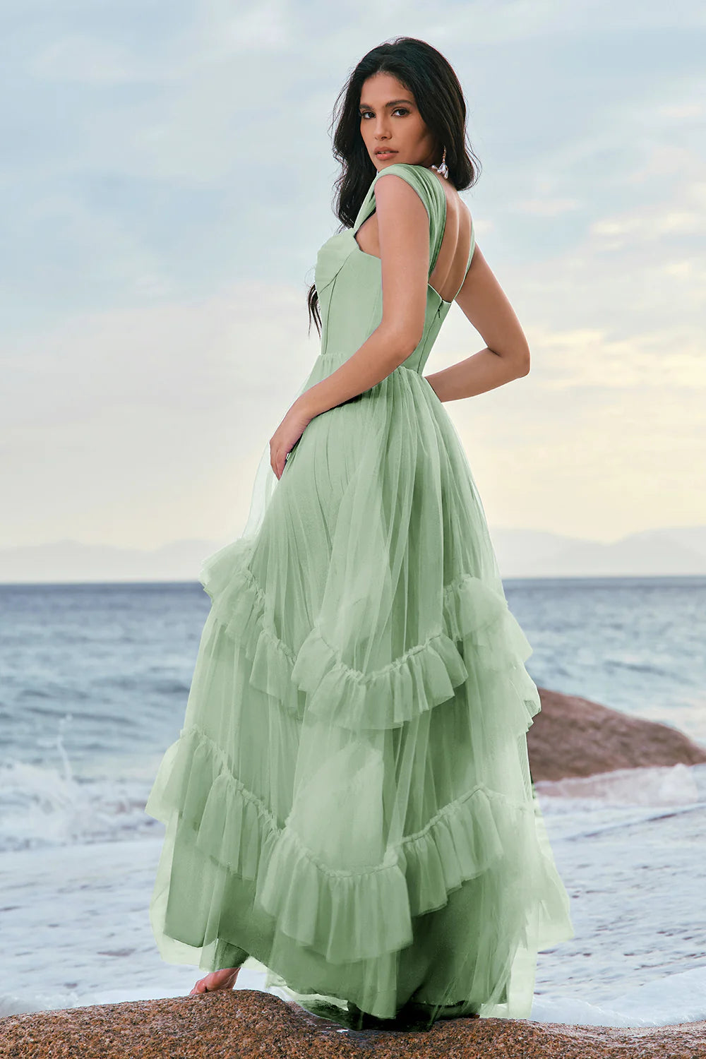 Grey Blue A Line Ruched Corset Long Bridesmaid Dress with Ruffles