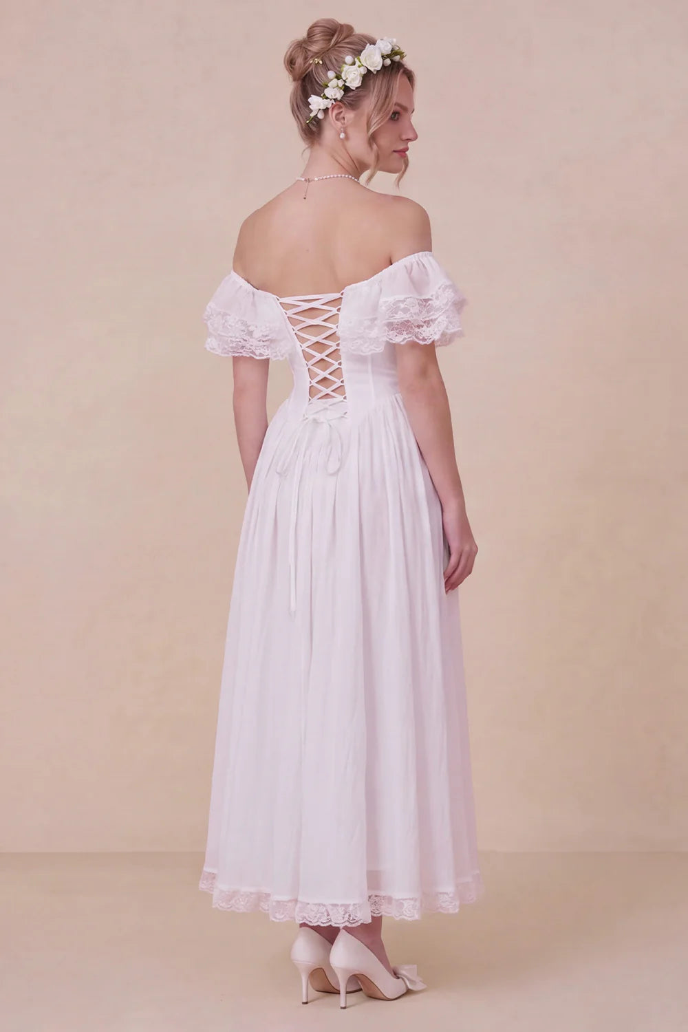Off the Shoulder Corset White Ruffled Engagement Dress