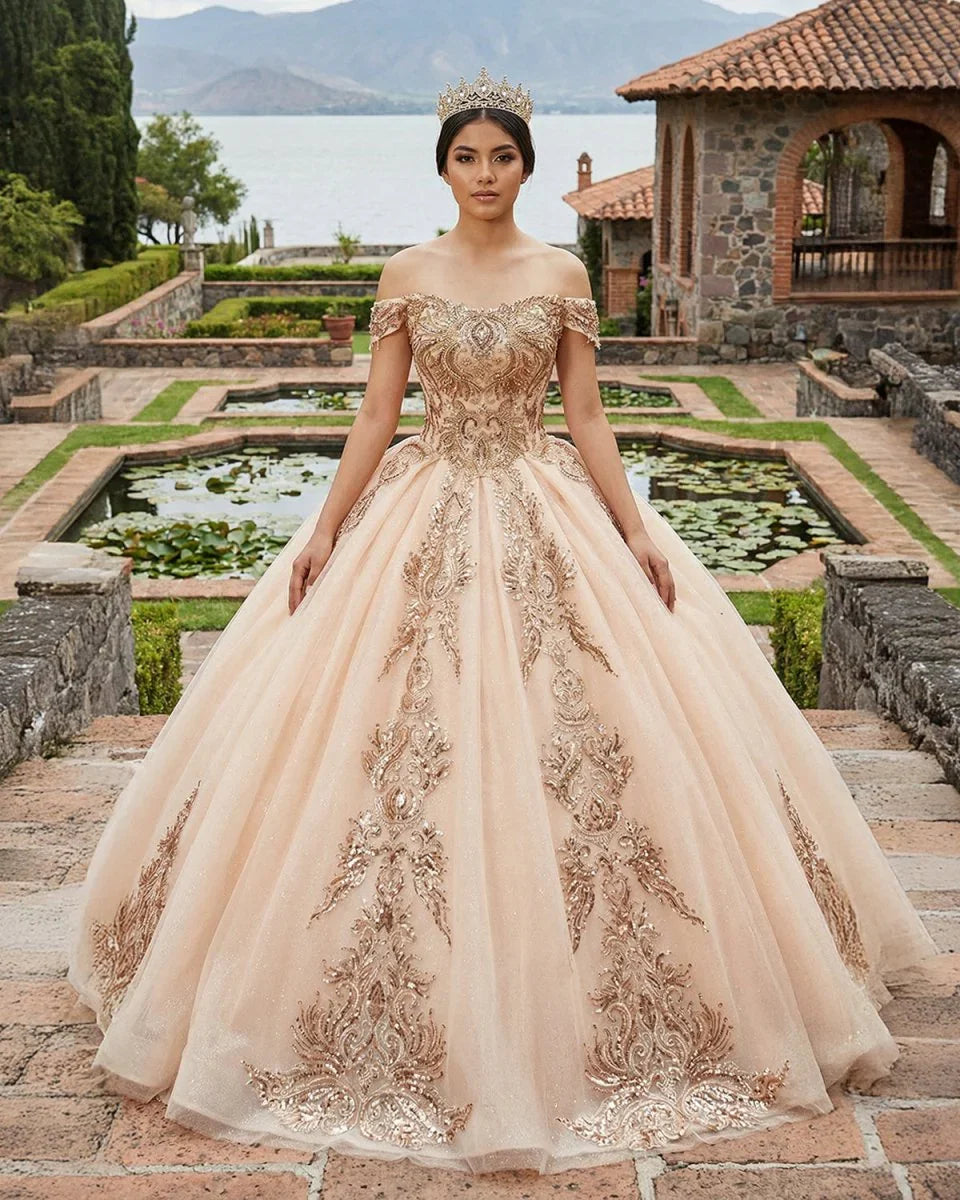 Classic Organza with Embroidery Cap Sleeve Sequined Quinceanera Dresses