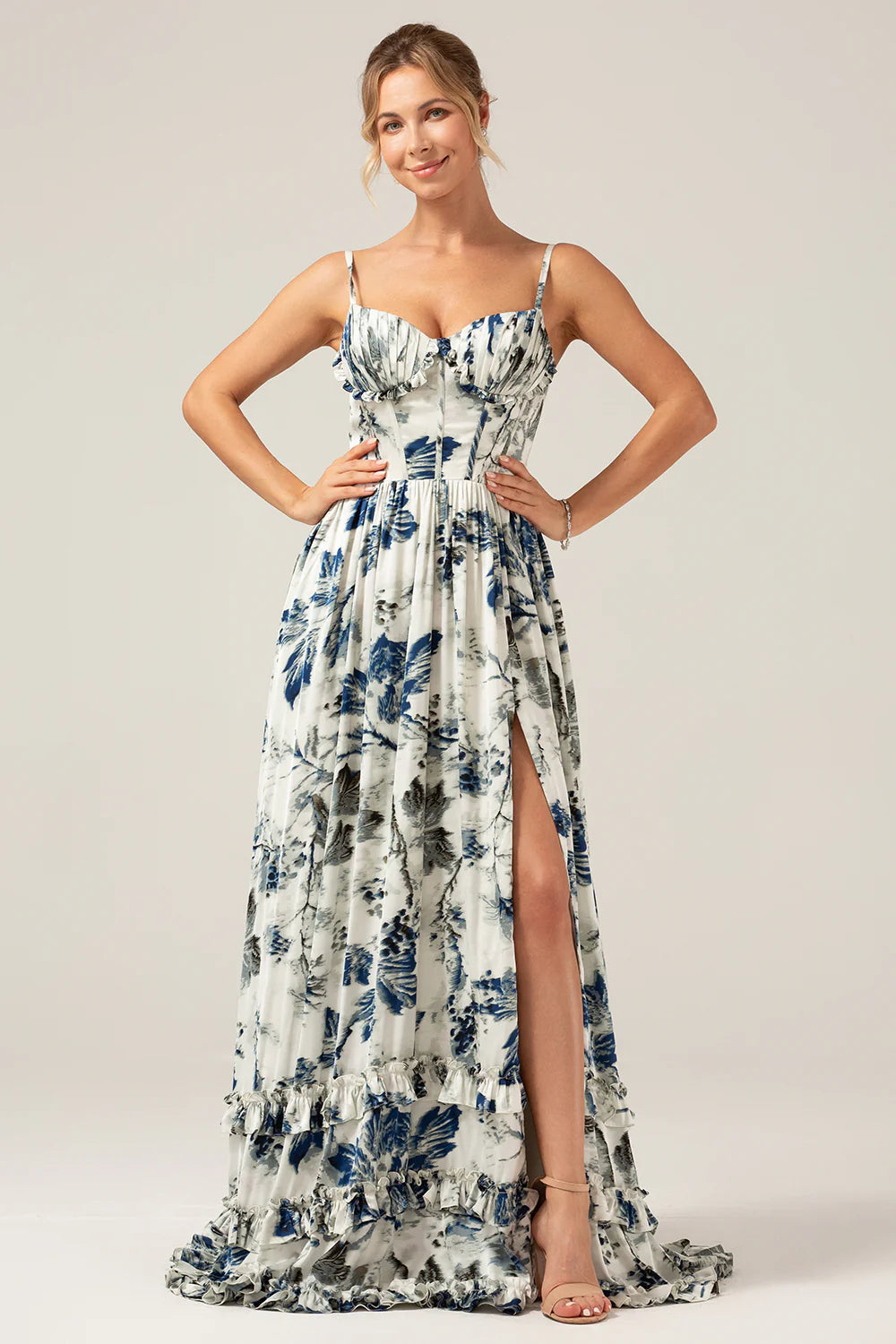 Blue Printed A Line Spaghetti Straps Pleated Long Bridesmaid Dress With Slit