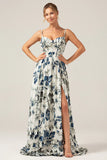 Blue Printed A Line Spaghetti Straps Pleated Long Bridesmaid Dress With Slit