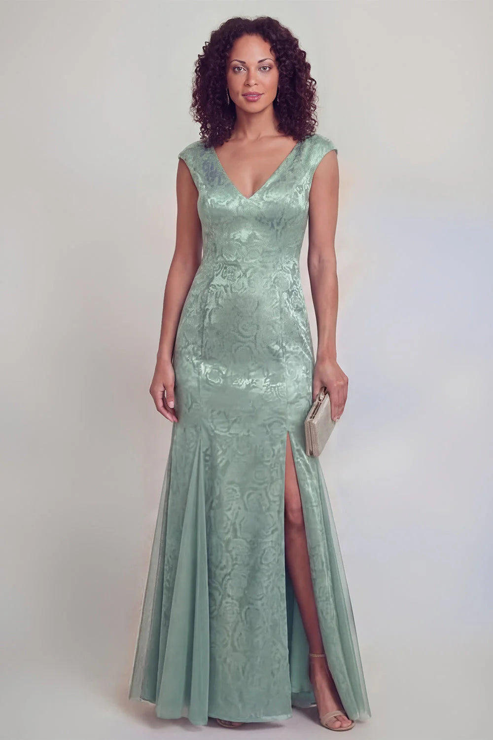 Sage Green Jacquard Mermaid V Neck Maxi Mother of the Bride Dress with Slit