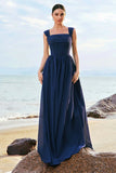 Dark Blue A Line Square Neck Corset Lace Up Back Chiffon Long Bridesmaid Dress